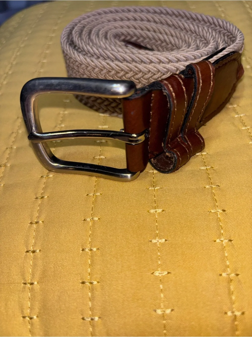 Stretch Woven Khaki Men’s Belt in Beige with Brown Leather Trim KHG size 42